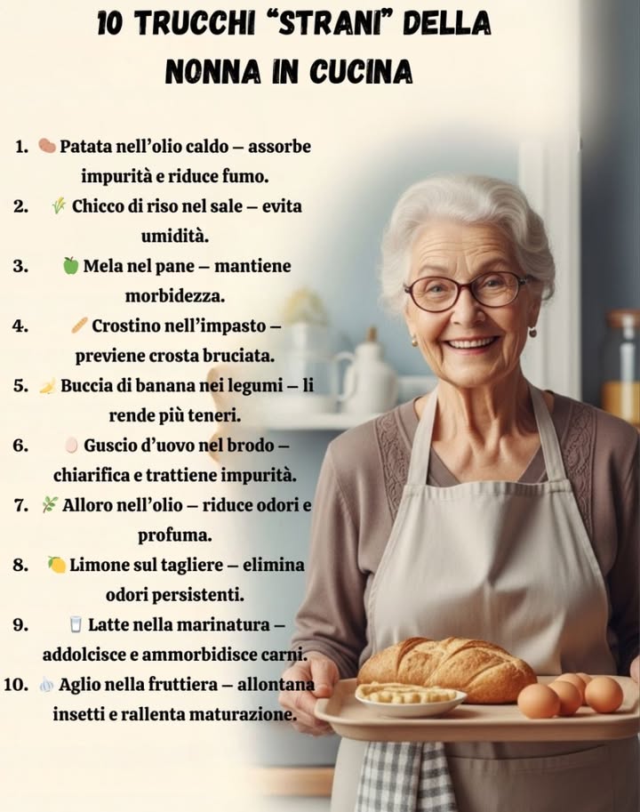 10 Trucchi Strani della Nonna in Cucina 
凜 Patata nellolio caldo
Assorbe impurità e riduce il fumo durante la frittura.
 Chicco di riso nel barattolo del sale
Evita lumidità e mantiene il sale sciolto.
 Mela nel sacchetto del pane
Mantiene il pane morbido più a lungo.
稜 Crostino di pane nellimpasto del dolce
Previene la formazione di crosta bruciata in forno.
 Buccia di banana nella pentola dei legumi
Aiuta a renderli più teneri durante la cottura.
讀 Guscio duovo nel brodo
Chiarifica i liquidi e trattiene impurità.
 Foglia di alloro nellolio del soffritto
Riduce odori forti e profuma i piatti.
 Limone sul tagliere
Sfregato dopo aver tagliato aglio o cipolla elimina odori persistenti.
拏 Latte nella marinatura
Addolcisce e ammorbidisce carni e pesce.
龍 Spicchio daglio nella fruttiera
Tiene lontani insetti e rallenta la maturazione eccessiva della frutta.