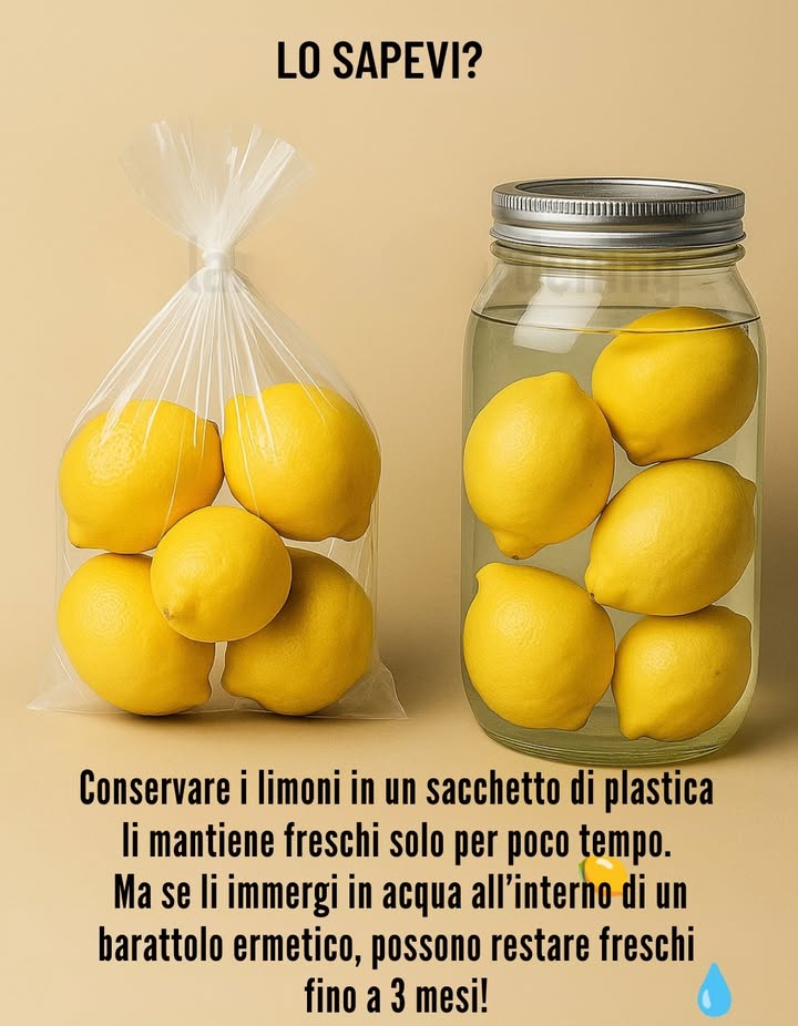 Molte persone conservano i limoni in sacchetti di plastica  e si rovinano rapidamente. 
Ecco un trucco semplice che ne triplica la durata:
Metti i limoni in un barattolo di vetro ermetico, coprili completamente con acqua e conservali in frigorifero.
Questo metodo mantiene lumidità e la freschezza, rendendoli succosi e brillanti fino a 3 mesi! 
#FoodHacks #VitaSana #ConsigliInCucina #Sostenibilità #LoSapevi