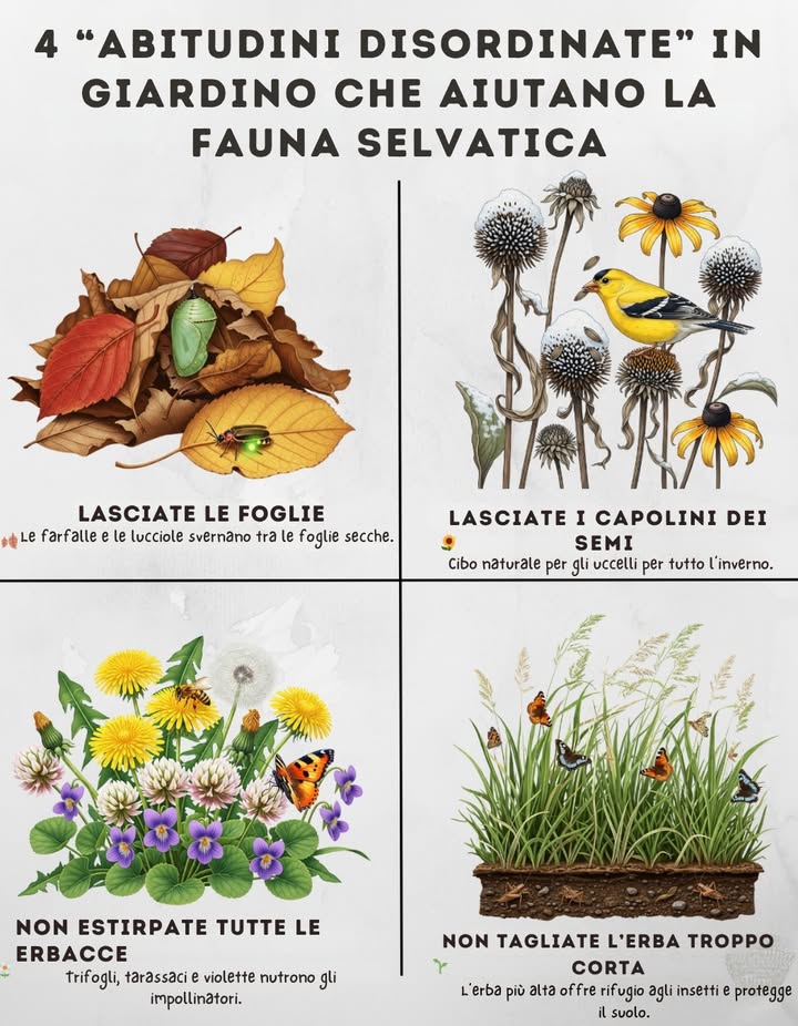 Abitudini disordinate in giardino che aiutano la fauna
Non tutte le pratiche ordinate fanno bene alla natura. A volte un po di selvatico è meglio.

 Lascia le foglie  rifugio per farfalle e lucciole
 Mantieni le infiorescenze secche  cibo naturale per gli uccelli in inverno
 Non estirpare tutte le erbacce  trifoglio, tarassaco e violette nutrono gli impollinatori
 Non tagliare lerba troppo bassa  lerba alta protegge il suolo e offre riparo agli insetti