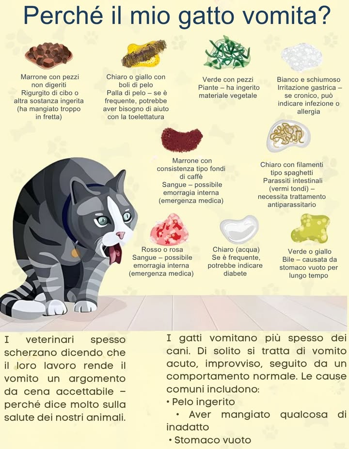 Perché il mio gatto vomita?
Scopri cosa può indicare il colore e laspetto del vomito nel gatto:

 Marrone con pezzi non digeriti: ha mangiato troppo in fretta.
 Giallo con boli di pelo: serve aiuto con la toelettatura.
 Verde con pezzi di pianta: ha ingerito materiale vegetale.
 Bianco e schiumoso: possibile infezione o allergia.
 Marrone tipo fondi di caffè: sangue  emergenza medica.
 Rosso o rosa: sangue fresco  emergenza medica.
 Chiaro come acqua: se frequente, controlla per diabete.
 Verde o giallo bile: stomaco vuoto per troppo tempo.
 Chiaro con filamenti tipo spaghetti: vermi  antiparassitario urgente.

 I veterinari lo sanno: il vomito rivela molto sulla salute del gatto.
 Cause comuni: peli ingeriti, cibo inadatto, stomaco vuoto.
 Se sospetti un problema serio, consulta sempre il veterinario.
