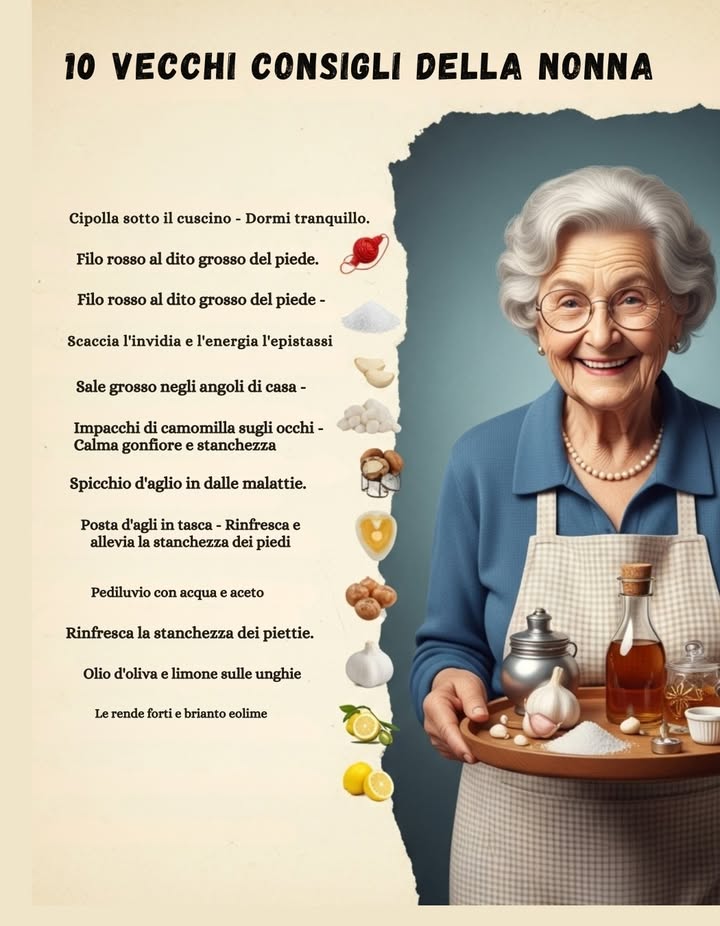 I 10 Consigli più Antichi e un po Strani della Nonna
Tesoro mio, metti una cipolla sotto il cuscino 暈
Così dormirai tranquillo e ti rilasserai, come facevo io una volta.

Se ti sanguina il naso, lega un filo rosso al dito grosso del piede 喝
È un vecchio trucco che ferma subito lepistassi.

Spargi un po di sale grosso negli angoli di casa 蓼
Il sale scaccia linvidia e lenergia negativa, così mi hanno insegnato.

Metti impacchi di camomilla fredda sugli occhi 
Calmano il gonfiore e la stanchezza, proprio come facevo con voi da piccoli.

Porta sempre uno spicchio daglio in tasca 龍
Laglio ti protegge dalle malattie, io non esco mai senza.

Fai un pediluvio con acqua e aceto 量
Rinfresca e allevia la stanchezza dei piedi dopo una lunga giornata.

Spalma sulle unghie olio doliva e limone 
Così diventano forti e brillanti, come insegnavo alle mie figlie.

Metti un pezzo di pane sulla ferita 
Il pane tira fuori linfezione, è un consiglio vecchio ma provato.

Appendi sacchettini di lavanda o menta nellarmadio 
Tengono lontane le tarme e profumano i vestiti.

Fai bollire le bucce di patata e passale sullargento 凜
Così le posate tornano lucide come nuove.