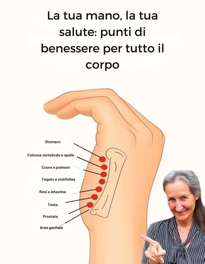 La tua mano, la tua salute: punti di benessere per tutto il corpo

Alcune zone specifiche del palmo e del bordo della mano sono associate, nelle pratiche di riflessologia, a diverse aree del corpo. La stimolazione delicata di questi punti viene utilizzata come supporto al benessere generale.

Stomaco
Zona collegata al comfort digestivo.

Colonna vertebrale e spalle
Area spesso stimolata per tensioni muscolari e postura.

Cuore e polmoni
Punto associato al sostegno della respirazione e del benessere cardiovascolare.

Fegato e cistifellea
Area utilizzata per favorire equilibrio e vitalità secondo la tradizione riflessologica.

Reni e intestino
Punto legato al benessere dellapparato urinario e digestivo.

Testa
Zona utilizzata per tensioni, stress e sensazione di pesantezza.

Prostata
Punto collegato al benessere maschile.

Area genitale
Regione riflessa associata allequilibrio ormonale e alla vitalità.
