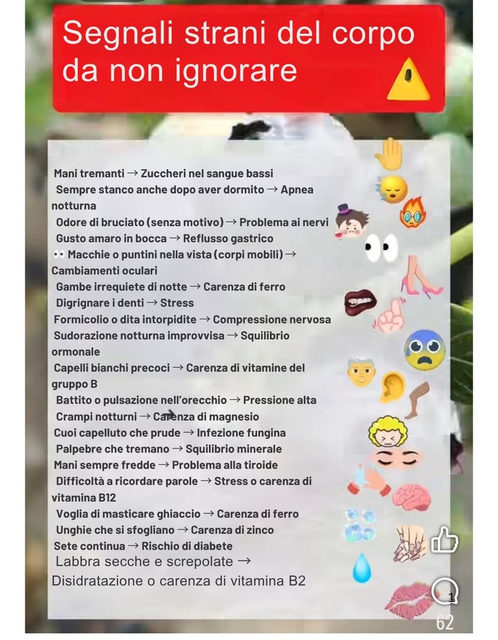 喙 Segnali strani del corpo da non ignorare 

Mani tremanti  zuccheri nel sangue bassi
Stanchezza costante  possibile apnea notturna
Odore di bruciato senza motivo  problema ai nervi
Gusto amaro in bocca  reflusso gastrico
Macchie o puntini nella vista  cambiamenti oculari
Gambe irrequiete di notte  carenza di ferro
Digrignare i denti  stress
Formicolio o dita intorpidite  compressione nervosa
Sudorazione notturna improvvisa  squilibrio ormonale
Capelli bianchi precoci  carenza di vitamine del gruppo B
Battito o pulsazione nellorecchio  pressione alta
Crampi notturni  carenza di magnesio
Cuoi capelluto che prude  infezione fungina
Palpebre che tremano  squilibrio minerale
Mani fredde  possibile problema alla tiroide
Difficoltà nel ricordare parole  stress o carenza di vitamina B12
Voglia di masticare ghiaccio  carenza di ferro
Unghie che si sfogliano  carenza di zinco
Sete continua  rischio di diabete
Labbra secche e screpolate  disidratazione o carenza di vitamina B2

 Ascoltare il proprio corpo è il primo passo per prendersi cura di sé.