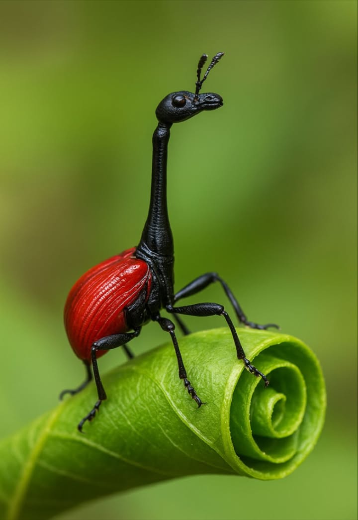 Lui somiglia a una giraffa.
Lui combatte come un guerriero.
Lui costruisce come un padre.

Scopri lo Scarabeo Giraffa  un insetto così strano che sembra che la natura abbia fatto uno scherzo e si sia dimenticata di premere annulla.

Endemico del Madagascar, questo insetto ha un collo lungo da due a tre volte il corpo  almeno nei maschi. Ma non farti ingannare: non è un difetto di progettazione, bensì unarma da battaglia.

Quando i rivali si incontrano, non ruggiscono: lottano  al rallentatore, in perfetto stile insetto.
Bloccaggi di collo. Spintoni. Capovolte.
Il vincitore ottiene il diritto di accoppiarsi.

E qui arriva la sorpresa: la stessa arma di guerra diventa uno strumento di cura.
I maschi usano i loro lunghi colli per aiutare le femmine ad arrotolare le foglie in piccoli nidi verdi, culle protettive per le uova.
È costruzione. È cooperazione. È listinto che diventa arte.

Con corpi rosso fuoco e colli nero ossidiana, gli scarabei giraffa sembrano creature uscite dalla mente di un autore di fantascienza appassionato di dinosauri.
Appena grandi quanto una graffetta  ma armati di architettura, romanticismo e combattimento rituale nel loro DNA.

Prova che, nel mondo degli insetti, levoluzione non spreca nulla: anche un collo bizzarro può essere la chiave dellamore, delleredità e della vita.

#ScarabeoGiraffa #NaturaStraordinaria #Wildlife