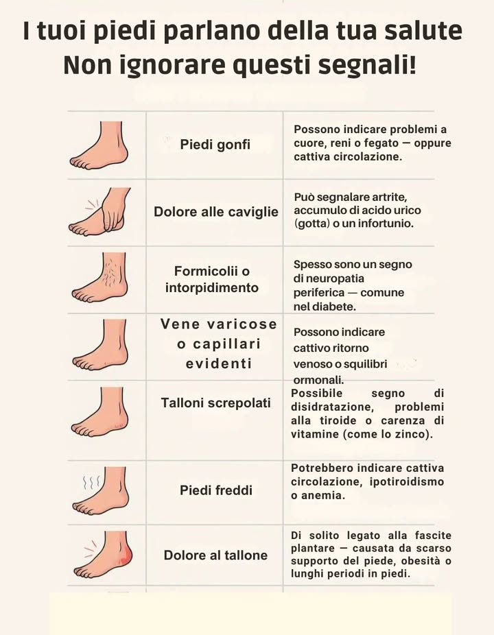 I piedi raccontano molto sullo stato di salute del corpo

Ogni cambiamento può essere un segnale utile da osservare:
 Piedi gonfi: possibili problemi di circolazione, cuore, reni o fegato.
 Dolore alle caviglie: può derivare da artrite, accumulo di acido urico gotta o traumi.
 Formicolii o intorpidimento: spesso associati a neuropatia periferica, comune nel diabete.
 Vene varicose o capillari evidenti: indicano cattivo ritorno venoso o squilibri ormonali.
 Talloni screpolati: segno di disidratazione, problemi tiroidei o carenza di vitamine come lo zinco.
 Piedi freddi: possibili sintomi di cattiva circolazione, ipotiroidismo o anemia.
 Dolore al tallone: collegato a fascite plantare, obesità o lunghi periodi in piedi.

 Prestare attenzione ai piedi aiuta a individuare squilibri precoci e a migliorare il benessere generale.