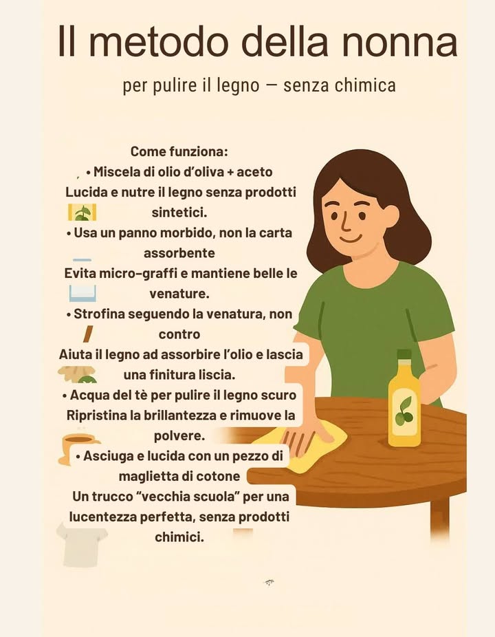 Il metodo della nonna
per pulire il legno  senza chimica

Come funziona:

 Miscela olio doliva e aceto
Nutre il legno, lo lucida e sostituisce i prodotti sintetici.

 Usa un panno morbido, non la carta assorbente
Evita micro-graffi e mantiene belle le venature naturali.

 Strofina seguendo la venatura
Aiuta il legno ad assorbire meglio lolio e lascia una finitura liscia.

 Acqua del tè per il legno scuro
Rinnova la brillantezza e rimuove la polvere senza aggredire la superficie.

 Asciuga e lucida con una maglietta di cotone
Un trucco vecchia scuola che regala una lucentezza perfetta, senza prodotti chimici.