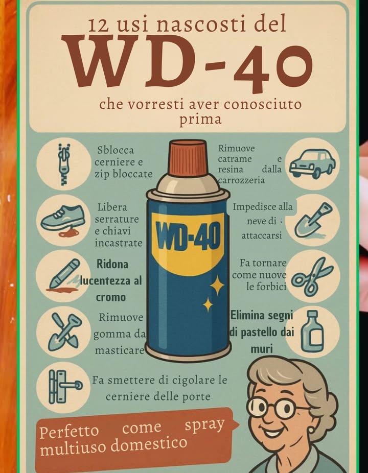 12 usi nascosti del WD-40 che vorresti aver conosciuto prima 

 Sblocca cerniere e zip bloccate
 Libera serrature e chiavi incastrate
 Ridona lucentezza al cromo
 Rimuove gomma da masticare
 Fa smettere di cigolii alle cerniere delle porte
 Rimuove catrame e resina dalla carrozzeria
 Impedisce alla neve di attaccarsi a pale e attrezzi
 Fa tornare come nuove le forbici
 Elimina segni di pastello dai muri

 Perfetto come spray multiuso domestico  pratico, efficace e sempre utile in casa.