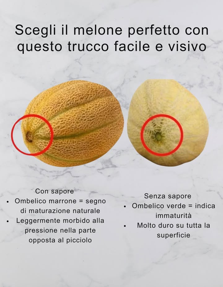 Scegli il melone perfetto con questo trucco semplice e visivo 

 Con sapore
 Ombelico marrone  maturazione naturale
 Leggermente morbido alla pressione sullestremità

 Senza sapore
 Ombelico verde  immaturo
直 Molto duro al tatto, senza aroma

 Più dolce, più succoso, più delizioso!