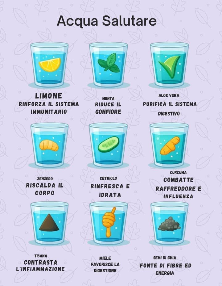 Acque salutari: 9 rimedi naturali per il tuo benessere
 Vuoi dare una marcia in più alla tua acqua quotidiana? Prova ad aggiungere questi ingredienti naturali per ottenere benefici incredibili, dentro e fuori! 

 Limone  Rinforza il sistema immunitario
 Menta  Riduce il gonfiore
 Aloe vera  Purifica il sistema digestivo
 Zenzero  Riscalda il corpo
勒 Cetriolo  Rinfresca e idrata
 Curcuma  Combatte raffreddore e influenza
 Tisana  Contrasta linfiammazione
 Miele  Favorisce la digestione
 Semi di chia  Fonte di fibre ed energia
 Salva questa guida per le tue giornate detox o quando hai bisogno di una spinta di vitalità naturale!
#HealthyLiving #DetoxWater #RimediNaturali