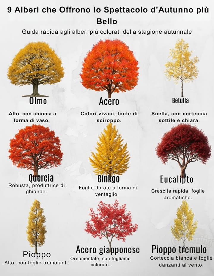 Guida Rapida agli Alberi dAutunno:

 Olmo  Alto con chioma elegante e arcuata.
 Acero  Esplode di rossi e aranci vivaci, e regala il dolce sciroppo!
 Betulla  Tronchi snelli con affascinante corteccia che si sfoglia.
 Quercia  Forte, longeva e produttrice di ghiande.
 Ginkgo  Antichissimo, con foglie dorate a forma di ventaglio.
 Eucalipto  Crescita rapida, corteccia liscia e foglie aromatiche.
 Pioppo  Alto con foglie a cuore che tremolano al vento.
 Acero giapponese  Ornamentale con foglie finemente divise in autunno.
 Pioppo tremulo  Corteccia bianca e foglie dorate scintillanti.

 Questi alberi mantengono vivo il colore dellautunno anno dopo anno!