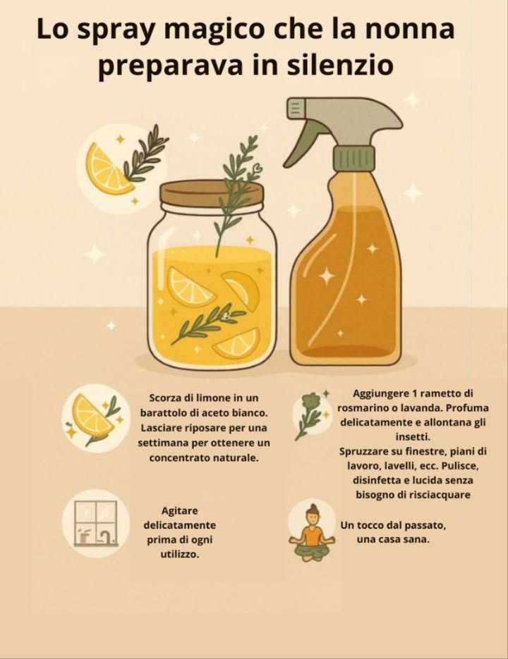 Spray naturale della nonna 
龎 Preparazione
Metti scorza di limone in un barattolo di aceto bianco
Lascia riposare 1 settimana per ottenere un concentrato naturale
Aggiungi 1 rametto di rosmarino o lavanda per profumare e allontanare insetti
 Uso
Agita prima di ogni utilizzo
Spruzza su finestre, piani di lavoro, lavelli, ecc.
Pulisce, disinfetta e lucida senza risciacquo
 Risultato
Profumo delicato
Casa pulita e sana, con un tocco di tradizione
