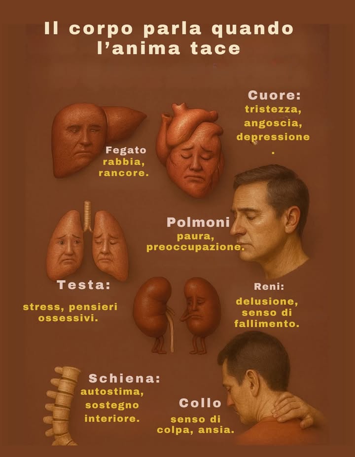 Il corpo parla quando lanima tace 

 Cuore: tristezza, angoscia, depressione
 Fegato: rabbia, rancore
 Polmoni: paura, preoccupazione
易 Testa: stress, pensieri ossessivi
贈 Reni: delusione, senso di fallimento
 Schiena: autostima, sostegno interiore
領 Collo: senso di colpa, ansia

 Ogni emozione non espressa trova un modo per manifestarsi nel corpo.
Ascoltare i segnali interiori è il primo passo verso la guarigione e lequilibrio.