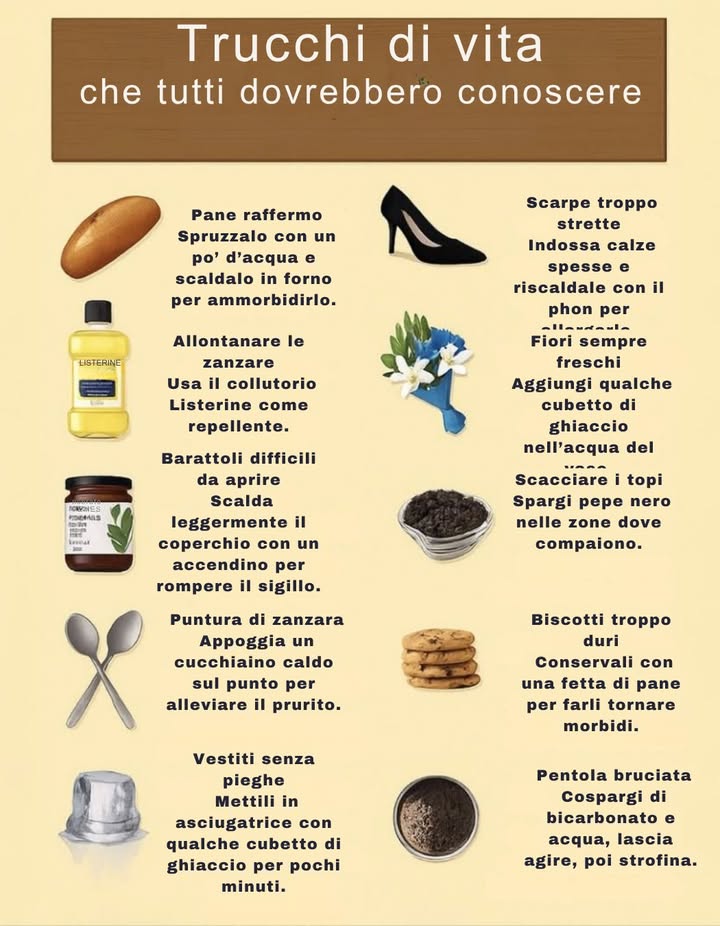 Trucchi di vita semplici e geniali da ricordare ogni giorno

Piccoli rimedi casalinghi che risolvono problemi comuni in pochi minuti:
 Ammorbidisci il pane raffermo spruzzandolo con acqua e scaldandolo in forno.
 Usa il collutorio Listerine come repellente naturale contro le zanzare.
 Per barattoli difficili da aprire, scalda il coperchio con un accendino per rompere il sigillo.
 Allevia il prurito delle punture di zanzara con un cucchiaino caldo.
 Rimuovi le pieghe dai vestiti mettendoli in asciugatrice con qualche cubetto di ghiaccio.
 Allarga scarpe troppo strette indossando calze spesse e riscaldandole con il phon.
 Mantieni i fiori freschi più a lungo aggiungendo cubetti di ghiaccio allacqua.
 Scaccia i topi spargendo pepe nero nelle zone dove compaiono.
 Rendi di nuovo morbidi i biscotti duri conservandoli con una fetta di pane.
 Pulisci una pentola bruciata con bicarbonato e acqua, lasciando agire prima di strofinare.

Soluzioni pratiche ed economiche per rendere la vita quotidiana più facile.