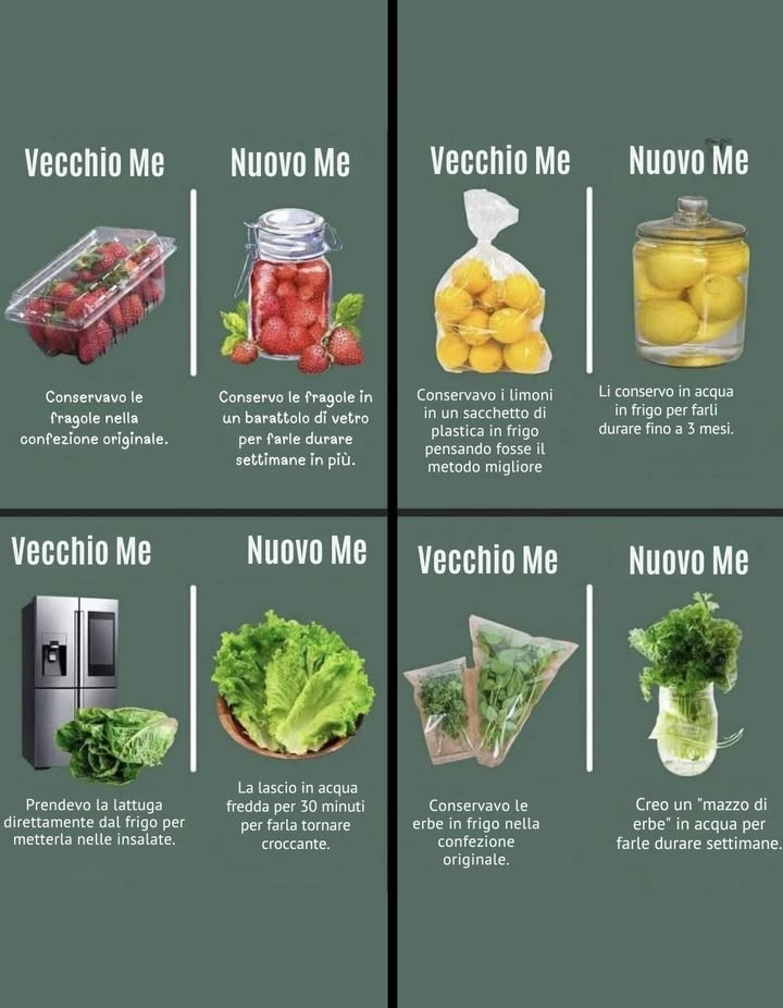 Trucchi per Conservare Frutta e Verdura più a Lungo 塞

Vecchio me   Nuovo me 
Ecco come semplici cambiamenti hanno rivoluzionato il modo in cui conservo alimenti freschi, evitando sprechi e risparmiando soldi:

1 Fragole 
Prima: nella confezione originale.
Ora: in barattolo di vetro  durano settimane in più.

2 Limoni 
Prima: in sacchetto di plastica in frigo.
Ora: immersi in acqua in frigo  fino a 3 mesi di freschezza.

3 Lattuga 塞
Prima: usata direttamente dal frigo.
Ora: 30 minuti in acqua fredda  torna croccante e fresca.

4 Erbe aromatiche 
Prima: in frigo nella confezione originale.
Ora: in un mazzo con acqua  fresche per settimane.

 Piccoli accorgimenti, grandi risultati: meno sprechi, più gusto e freschezza!