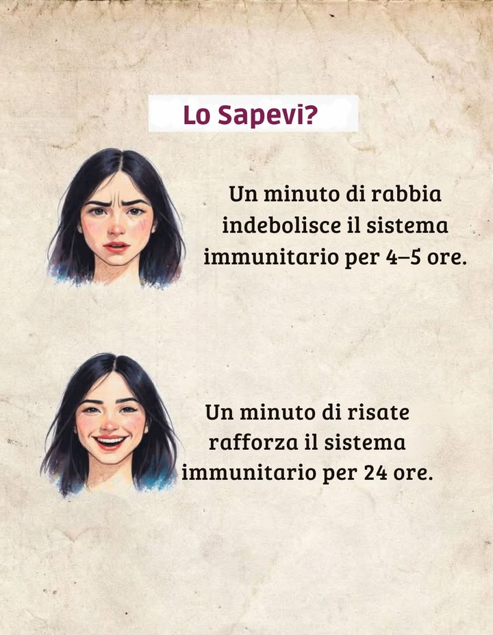 Lo Sapevi?

Le emozioni influenzano profondamente il corpo.
La rabbia può generare tensione e abbassare le difese, mentre la risata stimola ormoni benefici, migliora la circolazione e sostiene il sistema immunitario.
Un momento di serenità può trasformare il benessere dellintera giornata.