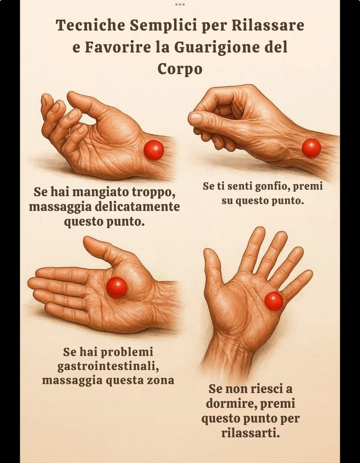 Tecniche Semplici per Rilassare e Favorire la Guarigione del Corpo

La digitopressione può offrire sollievo naturale attraverso la stimolazione di punti specifici della mano e del polso.
Un leggero massaggio in zone mirate può supportare la digestione, ridurre il gonfiore, calmare i disturbi gastrointestinali e favorire un rilassamento profondo.
Applicare una pressione costante per alcuni secondi aiuta il corpo a sciogliere la tensione e a recuperare equilibrio e benessere.