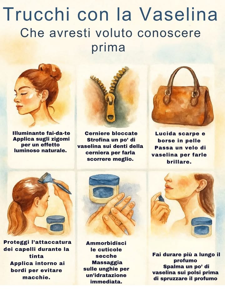 Tutti i modi ingegnosi per usare la vaselina in casa e nella cura personale

Un prodotto semplice e versatile, perfetto per mille piccoli trucchi quotidiani:
 Dona luminosità naturale al viso usandola come illuminante sugli zigomi.
 Risolve cerniere bloccate, facilitandone lo scorrimento.
 Lucida scarpe e borse in pelle, restituendo brillantezza immediata.
 Protegge la pelle durante la tinta dei capelli, evitando macchie sulla fronte.
 Ammorbidisce cuticole e unghie secche con un leggero massaggio.
 Fa durare più a lungo il profumo, se applicata sui polsi prima di spruzzarlo.

Un piccolo barattolo, tanti usi pratici per bellezza e casa.