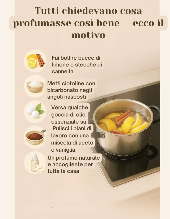 Il segreto di una casa che profuma di pulito in modo naturale

Basta qualche gesto semplice per creare unatmosfera calda e accogliente senza profumi artificiali:
 Fai bollire bucce di limone e stecche di cannella per diffondere una fragranza avvolgente.
 Metti ciotoline di bicarbonato negli angoli per assorbire gli odori.
 Aggiungi qualche goccia di olio essenziale limone, lavanda o eucalipto ai tessuti o ai diffusori.
 Pulisci le superfici con aceto e vaniglia per un effetto brillante e profumato.

Un mix naturale che lascia la casa fresca, pulita e piacevolmente profumata.