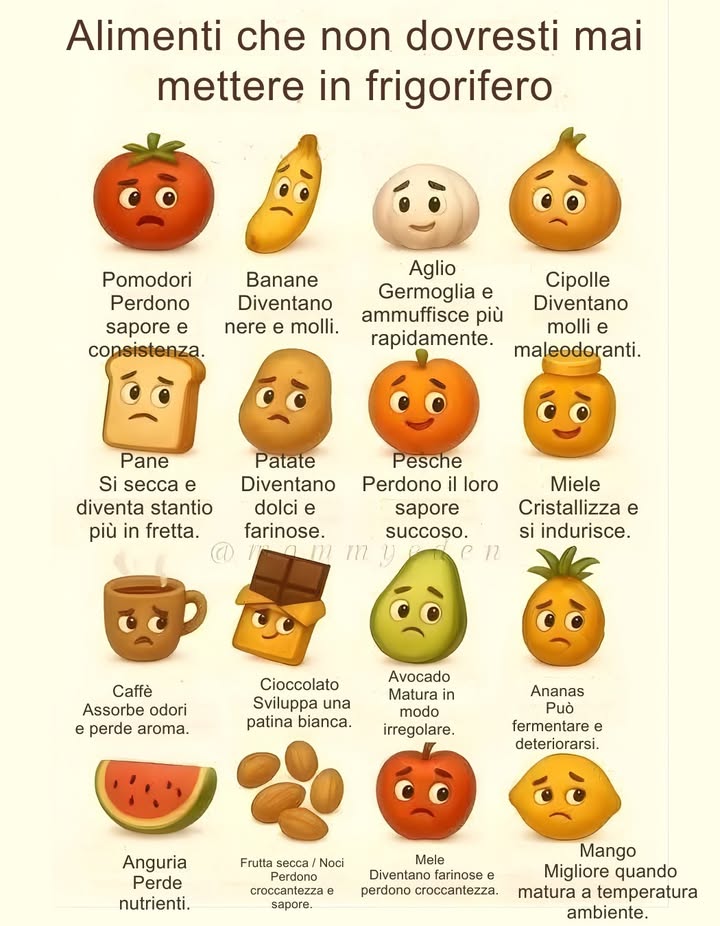 Alimenti che non dovresti mai mettere in frigorifero

Pomodori
Perdono sapore e consistenza.

Banane
Diventano nere e molli.

Aglio
Germoglia e ammuffisce più rapidamente.

Cipolle
Diventano molli e maleodoranti.

Pane
Si secca e diventa stantio più velocemente.

Patate
Diventano dolci e farinose.

Pesche
Perdono il loro sapore succoso.

Miele
Cristallizza e si indurisce.

Caffè
Assorbe odori e perde aroma.

Cioccolato
Sviluppa una patina bianca.

Avocado
Matura in modo irregolare.

Ananas
Può fermentare e deteriorarsi.

Anguria
Perde nutrienti.

Frutta secca / Noci
Perdono croccantezza e sapore.

Mele
Diventano farinose e meno croccanti.

Mango
Migliora in maturazione a temperatura ambiente.