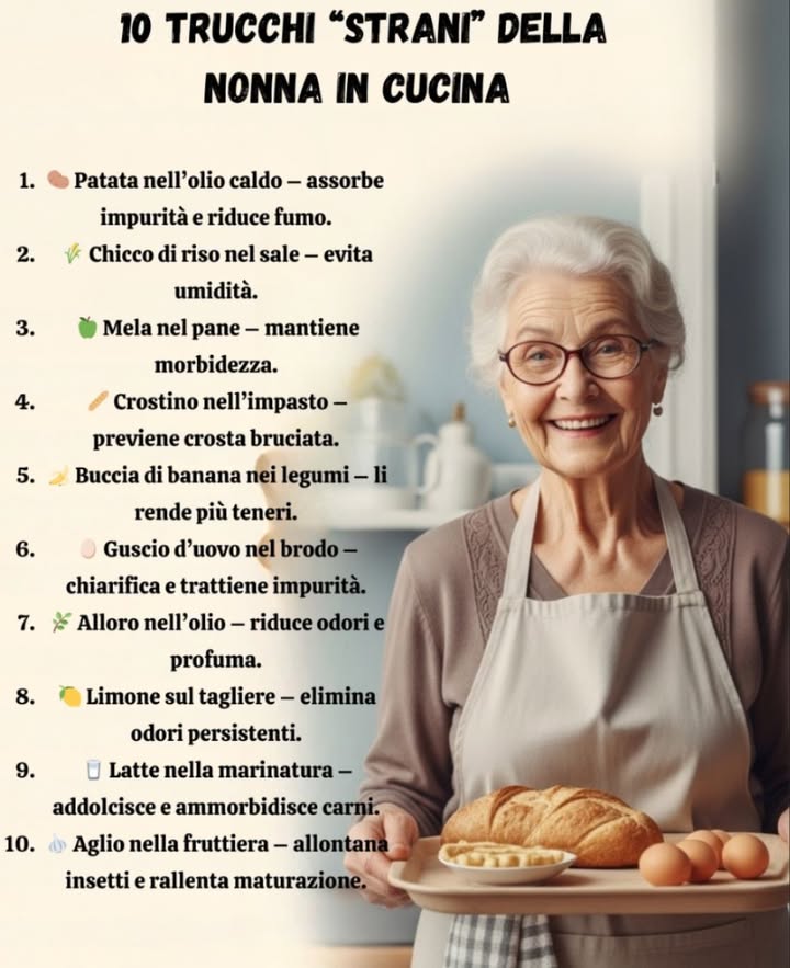10 Trucchi Strani della Nonna in Cucina 
凜 Patata nellolio caldo
Assorbe impurità e riduce il fumo durante la frittura.
 Chicco di riso nel barattolo del sale
Evita lumidità e mantiene il sale sciolto.
 Mela nel sacchetto del pane
Mantiene il pane morbido più a lungo.
稜 Crostino di pane nellimpasto del dolce
Previene la formazione di crosta bruciata in forno.
 Buccia di banana nella pentola dei legumi
Aiuta a renderli più teneri durante la cottura.
讀 Guscio duovo nel brodo
Chiarifica i liquidi e trattiene impurità.
 Foglia di alloro nellolio del soffritto
Riduce odori forti e profuma i piatti.
 Limone sul tagliere
Sfregato dopo aver tagliato aglio o cipolla elimina odori persistenti.
拏 Latte nella marinatura
Addolcisce e ammorbidisce carni e pesce.
龍 Spicchio daglio nella fruttiera
Tiene lontani insetti e rallenta la maturazione eccessiva della frutta.