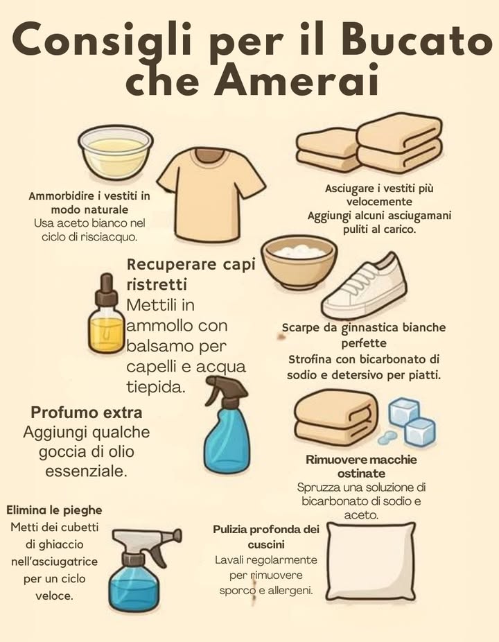 Consigli per il Bucato che Amerai 

 Ammorbidente naturale
Usa aceto bianco nel ciclo di risciacquo per rendere i vestiti più morbidi.

 Recuperare capi ristretti
Mettili in ammollo con balsamo per capelli e acqua tiepida.

 Profumo extra
Aggiungi qualche goccia di olio essenziale al bucato.

 Asciugare più velocemente
Aggiungi alcuni asciugamani puliti al carico per velocizzare lasciugatura.

 Scarpe da ginnastica bianche perfette
Strofina con bicarbonato di sodio e detersivo per piatti.

 Rimuovere macchie ostinate
Spruzza una soluzione di bicarbonato di sodio e aceto.

 Eliminare le pieghe
Metti dei cubetti di ghiaccio nellasciugatrice per un ciclo veloce.

 Pulizia profonda dei cuscini
Lavali regolarmente per eliminare sporco e allergeni.

 Piccoli accorgimenti per un bucato più fresco, pulito e naturale.