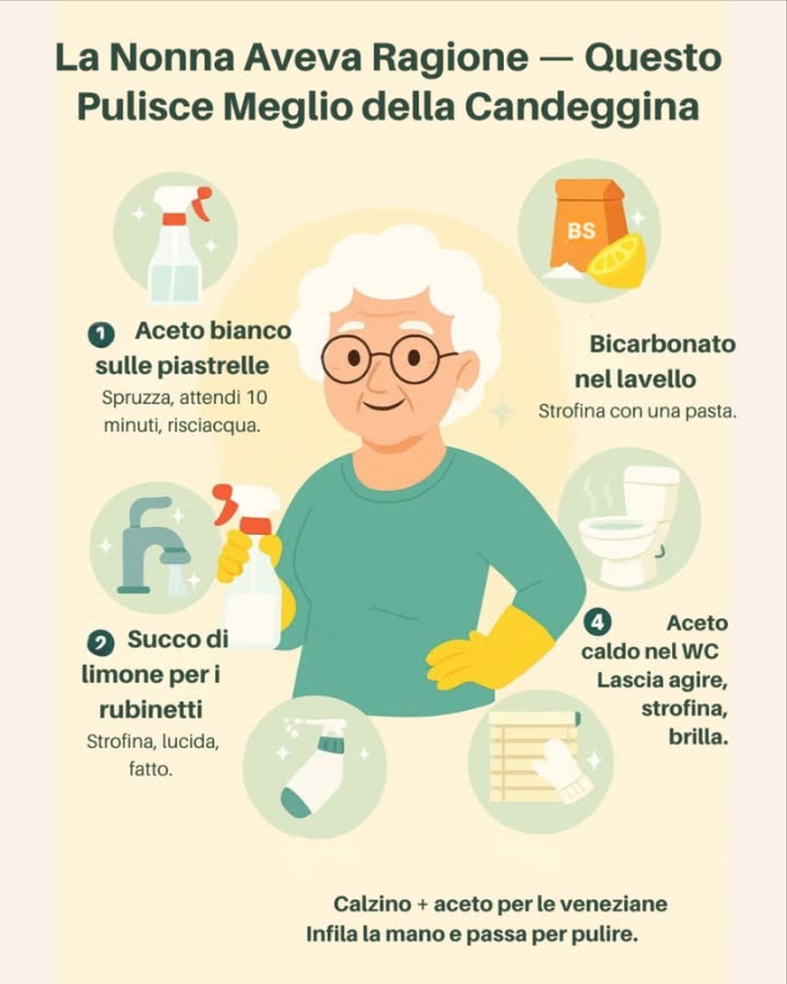 Rimedi della Nonna che Pulisono Meglio della Candeggina 
1 Aceto bianco sulle piastrelle
Spruzza, attendi 10 minuti, risciacqua.
2 Succo di limone per i rubinetti
Strofina, lucida, fatto.
3 Bicarbonato nel lavello
Prepara una pasta e strofina.
4 Aceto caldo nel WC
Lascia agire, strofina, brilla.
5 Calzino  aceto per le tapparelle
Infila la mano e passa per pulire facilmente.
 Pulizie naturali, semplici ed efficaci per una casa più sana.