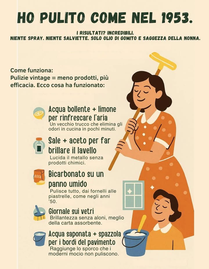 Pulire come nel 1953: i trucchi vintage che funzionano ancora oggi 

 Niente spray chimici, niente salviette usa e getta. Solo olio di gomito, saggezza della nonna e prodotti naturali!

 Acqua bollente  limone: profuma e rinfresca laria in pochi minuti.
 Sale  aceto: fa brillare il lavello senza prodotti aggressivi.
 Bicarbonato  panno umido: perfetto per piastrelle, fornelli e superfici.
 Giornale sui vetri: pulizia senza aloni, meglio della carta assorbente.
 Acqua saponata  spazzola: raggiunge gli angoli del pavimento che il mocio non pulisce.

 Pulizie eco, semplici, efficaci. Come una volta, ma sempre attuali! 

#PulizieNaturali #TrucchiDellaNonna #EcoTips #CasaPulita