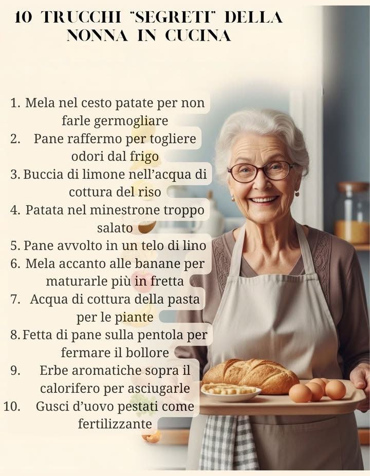 10 Trucchi Segreti della Nonna in Cucina

Mettere una mela nel cesto delle patate per non farle germogliare

Pane raffermo per togliere odori dal frigo

Buccia di limone nellacqua di cottura del riso

Aggiungere una patata al minestrone troppo salato

Tenere il pane avvolto in un telo di lino

Mettere una mela accanto alle banane per maturarle più in fretta

Usare acqua di cottura della pasta per le piante

Tenere una fetta di pane sulla pentola per fermare il bollore

Asciugare le erbe aromatiche sopra il calorifero

Usare gusci duovo pestati come fertilizzante