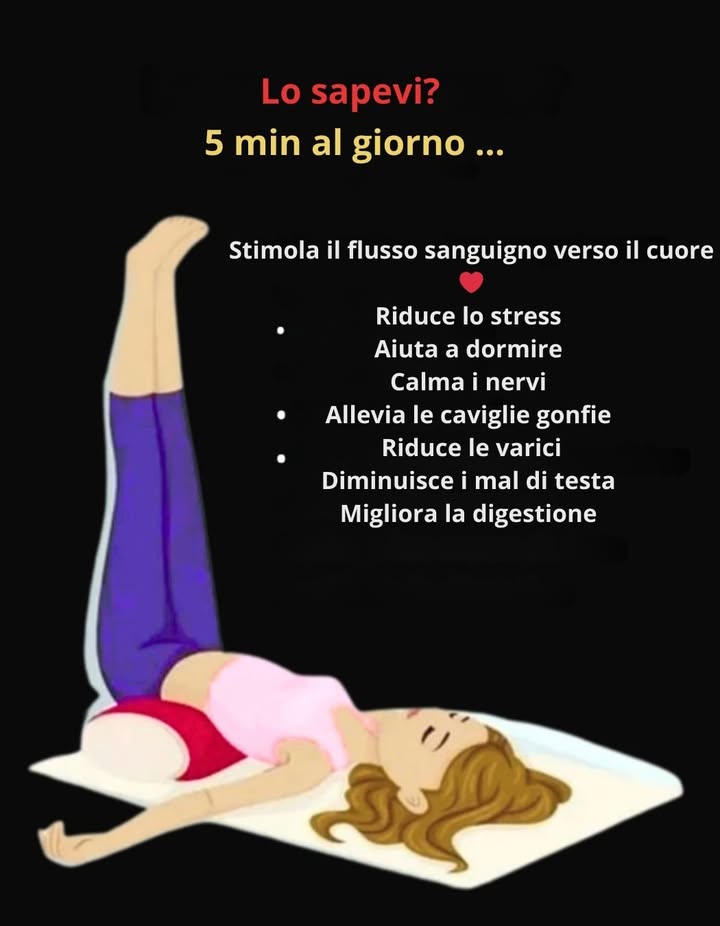 Sollevare le gambe 5 minuti al giorno porta numerosi benefici 

Favorisce la circolazione sanguigna verso il cuore

Riduce lo stress e dona una sensazione di rilassamento

Facilita laddormentamento

Calma il sistema nervoso

Riduce il gonfiore alle caviglie

Allevia le vene varicose e la sensazione di gambe pesanti

Attenua il mal di testa

Favorisce una migliore digestione