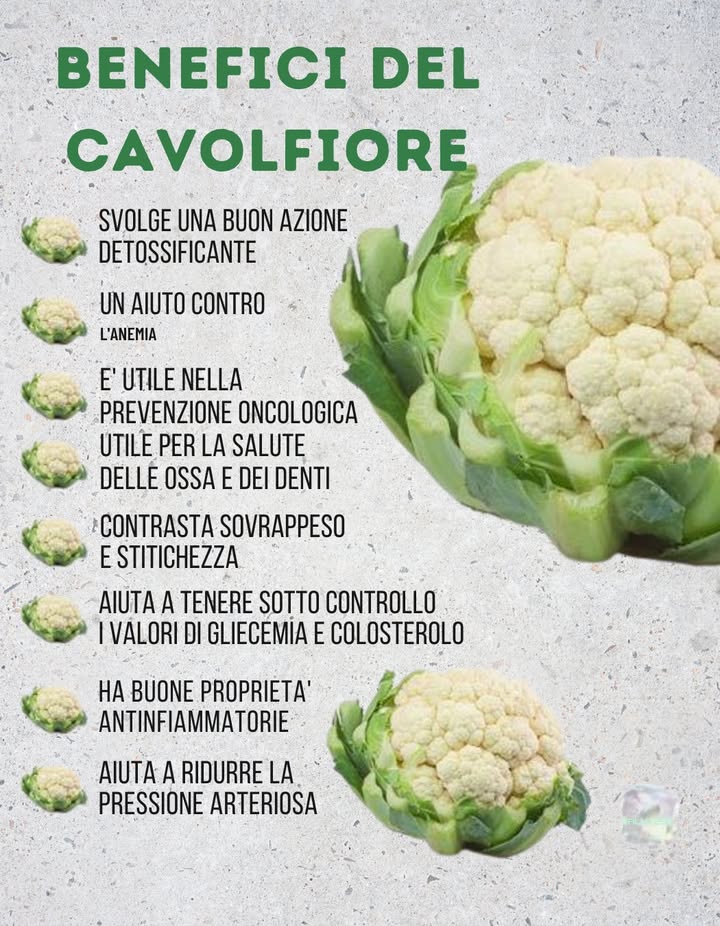 Cavolfiore: un tesoro per la salute 復

Ricco di vitamine C e K, fibre e antiossidanti, il cavolfiore aiuta a rinforzare il sistema immunitario, favorisce la digestione e contribuisce al benessere del cuore.
Grazie alle sue proprietà depurative, è perfetto per sostenere il fegato e mantenere lorganismo in equilibrio naturale.

#cavolfiore #benefici #benessere