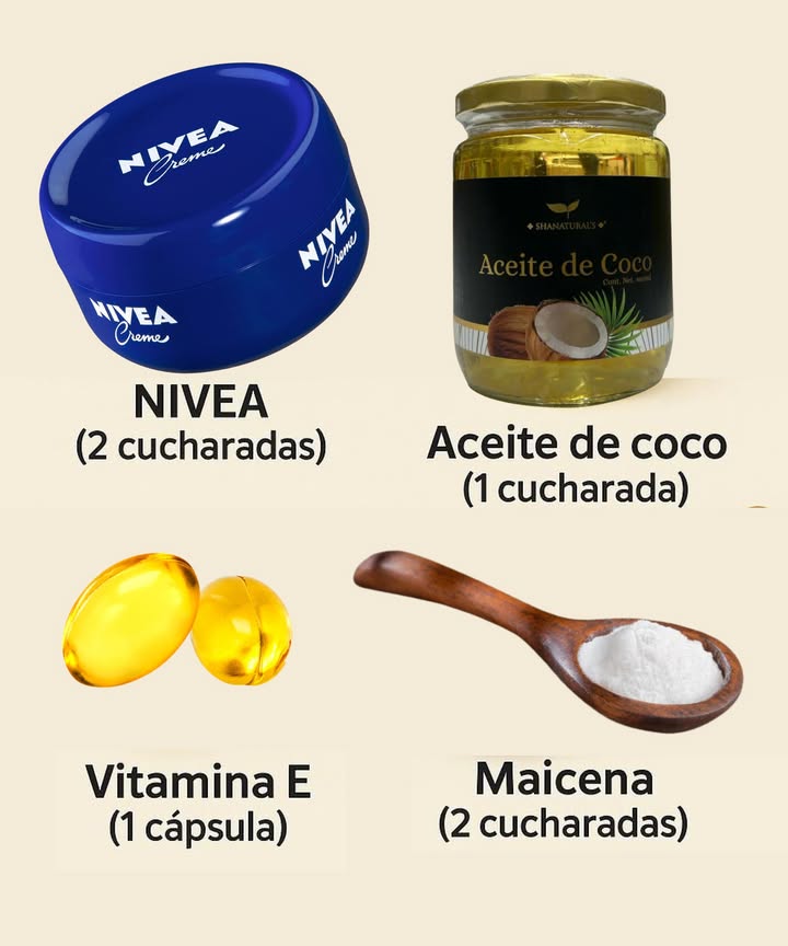 Elimina las arrugas y rejuvenece tu rostro con esta mascarilla. 

Ingredientes:
 2 cucharadas de crema Nivea clásica frasco azul 
 1 cucharada de aceite de coco extra virgen 
 2 cucharadas de maicena 
 1 cápsula de vitamina E opcional

Procedimiento:
1. Mezcla la crema Nivea con el aceite de coco.
2. Agrega la vitamina E opcional.
3. Incorpora la maicena gradualmente hasta obtener una textura cremosa.
4. Guarda en un frasco de vidrio.

Aplicación:
1. Lava tu rostro con agua tibia y un limpiador suave.
2. Aplica una capa delgada, evitando el contorno de los ojos.
3. Deja actuar 15-20 minutos; úsala como mascarilla o crema ligera antes de dormir.
4. Retira con agua tibia y seca suavemente.

Beneficios:
 Hidratación profunda 
 Acción antiedad 
 Efecto matificante 
 Piel renovada 

Repite 2-3 veces por semana para mejores resultados.