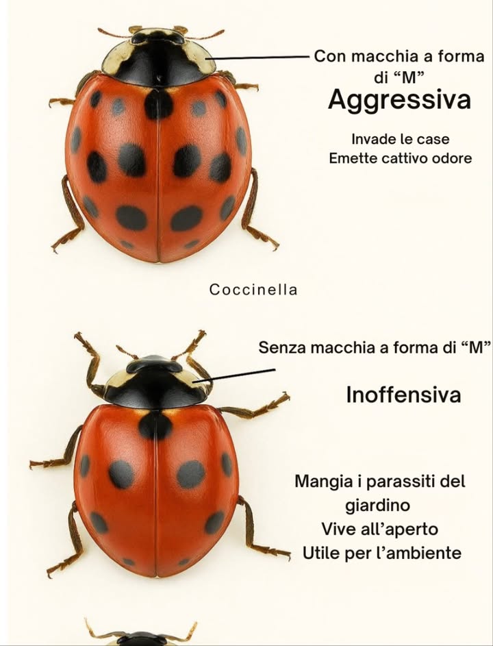 Coccinelle: come distinguerle
Con macchia a forma di M  Specie aggressiva, può invadere le case ed emettere cattivo odore.
Senza macchia a forma di M  Specie innocua, mangia i parassiti del giardino, vive allaperto ed è utile allambiente.
Un semplice dettaglio che fa la differenza.