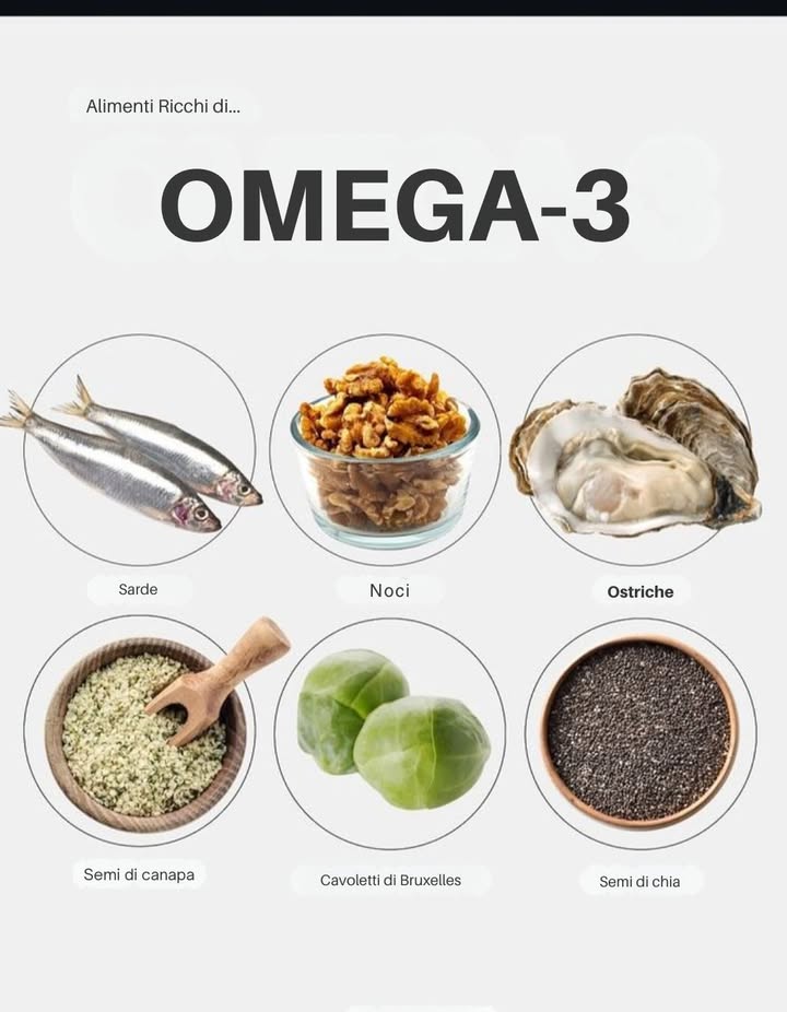 綾 Alimenti Ricchi di Omega-3: Benefici e Fonti Naturali 樂

Gli acidi grassi Omega-3 sono nutrienti essenziali per il cuore, il cervello e il benessere generale. Poiché il nostro corpo non li produce, è importante assumerli con la dieta. Ecco alcune delle migliori fonti naturali:

 Sarde: Ricche di EPA e DHA, supportano il cuore, riducono linfiammazione e migliorano la salute del cervello.
樂 Noci: Fonte vegetale di ALA, ottime per la salute vascolare e il controllo del colesterolo.
寧 Ostriche: Oltre agli Omega-3, apportano zinco e vitamina B12, utili per il sistema immunitario.
 Semi di canapa: Contengono ALA, proteine e minerali, ideali per diete vegetariane e vegane.
塞 Cavoletti di Bruxelles: Verdura ricca di fibre, antiossidanti e Omega-3 di origine vegetale.
 Semi di chia: Fonte concentrata di ALA, fibre e calcio, perfetta per arricchire yogurt, frullati e insalate.

 Benefici principali degli Omega-3:

Riduzione del rischio di malattie cardiovascolari

Miglioramento delle funzioni cerebrali e della memoria

Azione antinfiammatoria naturale

Supporto alla vista e alla salute della pelle

 Consiglio: alternare fonti animali e vegetali garantisce un apporto equilibrato di tutti i tipi di Omega-3 ALA, EPA, DHA.

#Omega3 #AlimentazioneSana #NutrizioneNaturale #Benessere