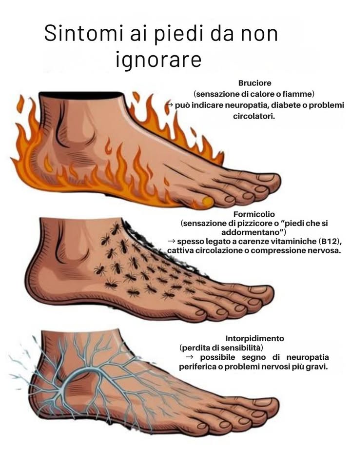 禮 Sintomi ai piedi da non ignorare 

 Bruciore sensazione di calore o fiamme
 può indicare neuropatia, diabete o problemi circolatori.

 Formicolio sensazione di pizzicore o piedi che si addormentano
 spesso legato a carenze vitaminiche soprattutto B12, cattiva circolazione o compressione nervosa.

 Intorpidimento perdita di sensibilità
 possibile segno di neuropatia periferica o disturbi nervosi più gravi.

 Se questi sintomi persistono, è importante consultare un medico: i piedi possono rivelare molto sulla salute dei nervi e del sistema circolatorio.