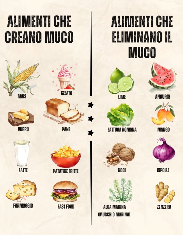 ALIMENTI CHE AIUTANO AD ELIMINARE IL MUCO
Limone chiave
Lattuga romana
Noci
ALIMENTI CHE GENERANO PIÙ MUCO
Mais
Gelato
Anguria
Burro
Pane
Mango
Latte
Patatine fritte
Cipolla
Formaggio
Fast food
Muschio marino
Zenzero