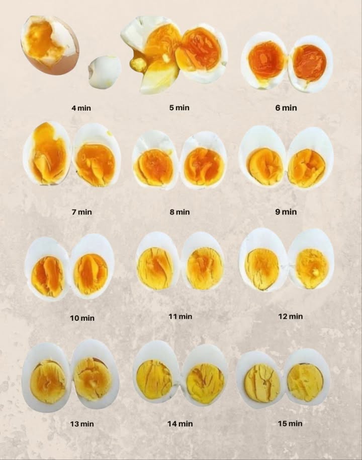 讀 Tempi di cottura perfetti per le uova 
 4 min  Albume appena rappreso, tuorlo liquido e brillante
 5 min  Albume sodo, tuorlo molto cremoso
 6 min  Tuorlo denso ma ancora fondente
 7 min  Consistenza cremosa intermedia
 8 min  Tuorlo tenero con cuore cremoso
 9 min  Tuorlo sodo con leggera cremosità
 10 min  Completamente cotto ma ancora morbido
 11 min  Sodo, senza tracce di liquido
 12 min  Tuorlo compatto e leggermente asciutto
 13 min  Tuorlo compatto, consistenza secca
 14 min  Tuorlo molto secco e friabile
 15 min  Tuorlo totalmente duro, consistenza granulosa
 Ogni minuto conta per ottenere la consistenza perfetta, dal più morbido al più sodo 讀