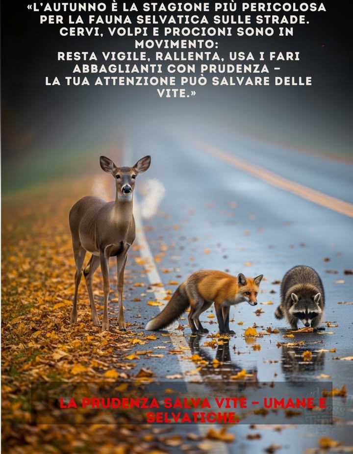 Lautunno è la stagione
in cui la natura torna a muoversi. 
I cervi attraversano strade immerse nella nebbia,
le volpi guizzano tra i fari,
e i procioni vagano in cerca di cibo. 歷力

Resta vigile, rallenta
e usa gli abbaglianti solo quando è sicuro.
Un secondo di prudenza
può salvare una vita 
la loro e la tua.