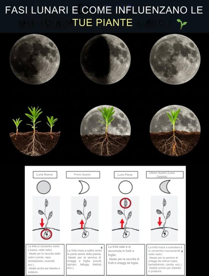 Fasi lunari e come influenzano le tue piante 
La coltivazione secondo la luna è una pratica antica che sfrutta linfluenza lunare sulla linfa, sullumidità del suolo e sullo sviluppo delle radici. Ecco come agisce ogni fase:
 Luna Nuova
 Linfa concentrata nelle radici.
 Semina di tuberi e radici carota, patata, barbabietola.
 Potatura di manutenzione.
 Trapianti con minore stress.
 Primo Quarto
 La linfa risale verso foglie e fiori.
 Semina di piante da foglia lattuga, spinacio, bietola.
 Concimazioni ricche di azoto.
 Innesti ed espianti con maggiore successo.
 Luna Piena
 Massimo flusso di linfa nella parte aerea.
 Raccolta di frutti e fiori più sapore e aroma.
 Irrigazione abbondante: il suolo trattiene meglio lumidità.
 Evitare la potatura: la perdita di linfa sarebbe maggiore.
 Ultimo Quarto
 La linfa scende e rafforza le radici.
 Semina di bulbi e tuberi aglio, cipolla, carota.
 Potature per stimolare la crescita di perenni e arbusti.
 Controllo di parassiti ed erbe infestanti più efficace.
 Segui il calendario lunare e sfrutta ogni fase per un orto forte ed equilibrato.