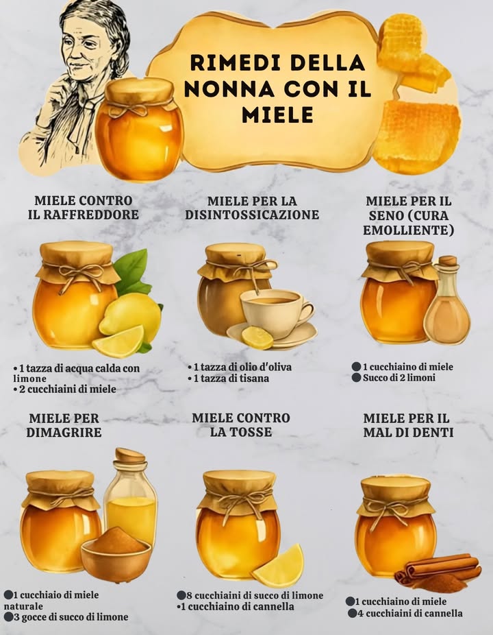 Rimedi della nonna con il miele  Tradizione, natura e benessere in un solo cucchiaino 
Il miele è uno dei rimedi naturali più antichi e preziosi. Grazie alle sue proprietà antibatteriche, lenitive e nutritive, è un alleato perfetto per piccoli disturbi quotidiani. Ecco come usarlo, secondo la saggezza popolare:
蠟 Miele contro il raffreddore
 1 tazza di acqua calda con limone
 2 cucchiaini di miele
 Lenisce la gola e stimola il sistema immunitario.
𥳐 Miele per la disintossicazione
 1 tazza di tisana  1 tazza di olio doliva
 Favorisce la depurazione dellorganismo e migliora la digestione.
 Miele per il seno cura emolliente
 1 cucchiaino di miele
 Succo di 2 limoni
 Ammorbidisce la pelle e dona sollievo.
 Miele per dimagrire
 1 cucchiaio di miele naturale
 3 gocce di succo di limone
 Stimola il metabolismo e riduce la fame nervosa.
 Miele contro la tosse
 8 cucchiaini di succo di limone
 1 cucchiaino di cannella
 Calma la tosse secca e libera le vie respiratorie.
醴 Miele per il mal di denti
 1 cucchiaino di miele
 4 cucchiaini di cannella
 Azione antibatterica e analgesica naturale.
 Tutti questi rimedi sono pensati per un uso occasionale e non sostituiscono il parere medico. Sempre meglio scegliere miele grezzo e biologico per massimizzare i benefici.