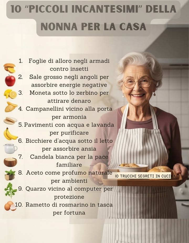 10 Piccoli Incantesimi della Nonna per la Casa

Foglie di alloro negli armadi contro gli insetti

Sale grosso negli angoli per assorbire energie negative

Mettere una moneta sotto lo zerbino per attirare denaro

Appendere campanellini vicino alla porta per armonia

Lavare i pavimenti con acqua e lavanda per purificare

Mettere un bicchiere dacqua sotto il letto per assorbire ansia

Accendere una candela bianca per la pace familiare

Usare aceto come profumo naturale per ambienti

Mettere una pietra di quarzo vicino al computer per protezione

Tenere un rametto di rosmarino in tasca per fortuna