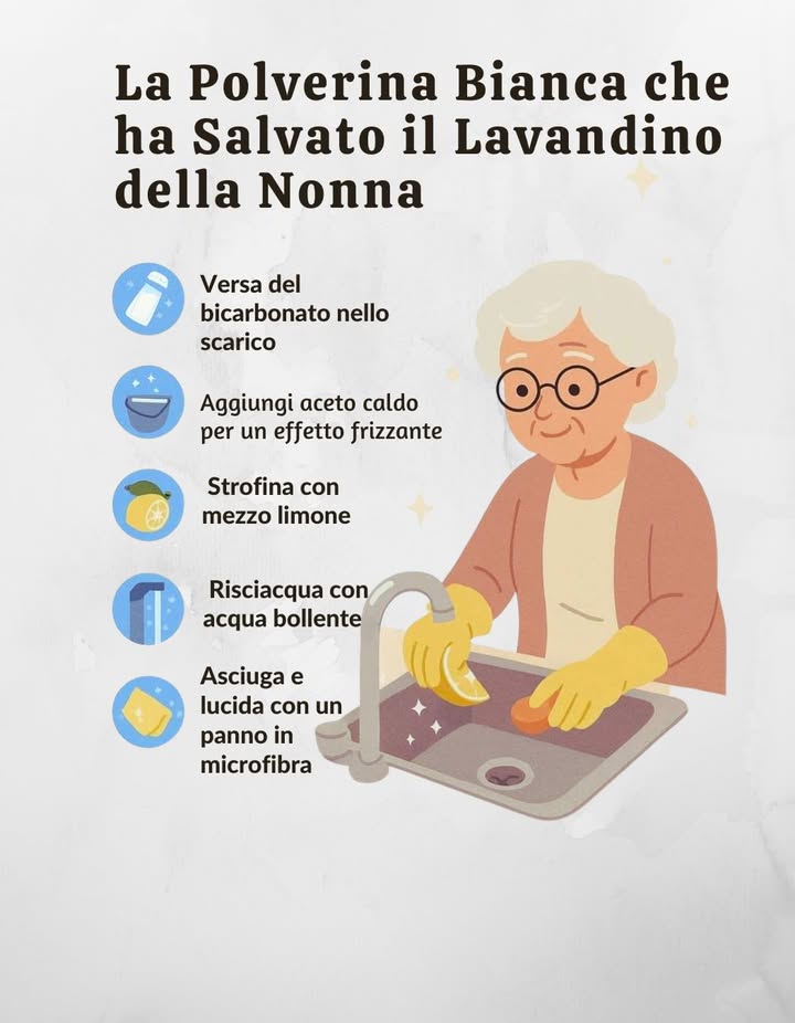 識 Il Trucchetto della Nonna per un Lavandino Splendente!
 La polverina magica? Il bicarbonato!
Ecco come usarlo passo dopo passo:
1 Versa il bicarbonato nello scarico
2 Aggiungi aceto caldo  effetto frizzante assicurato
3 Strofina con mezzo limone per sgrassare e profumare
4 Risciacqua con acqua bollente
5 Asciuga e lucida con un panno in microfibra
 Naturale, economico ed efficace!
La nonna lo sapeva già!