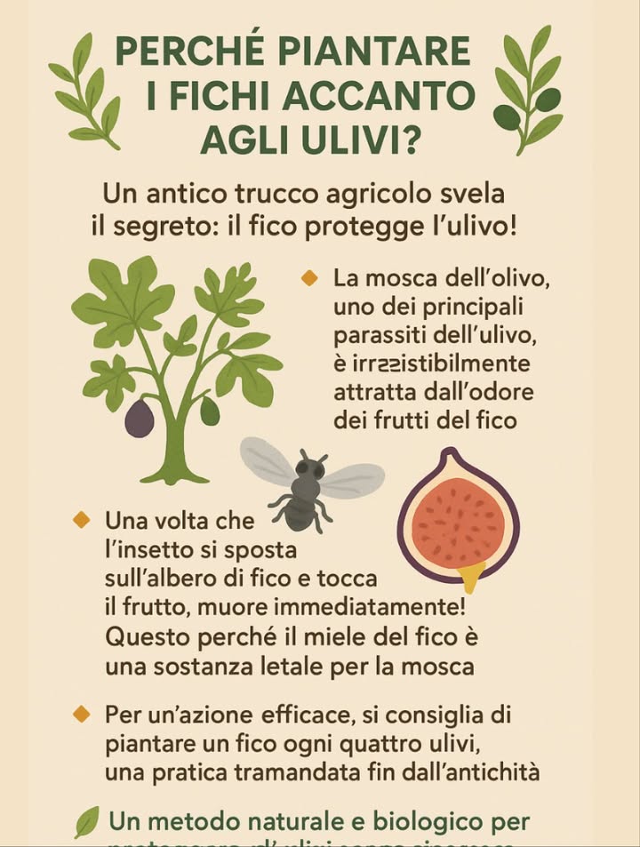 Perché piantare i fichi accanto agli ulivi? 㮝
Un antico trucco agricolo svela il segreto: il fico protegge lulivo! 
 La mosca dellolivo, uno dei principali parassiti dellulivo, è irresistibilmente attratta dallodore dei frutti del fico.
 Una volta che linsetto si sposta sullalbero di fico e tocca il frutto, muore immediatamente!  Questo perché il miele del fico è una sostanza letale per la mosca.
 Per unazione efficace, si consiglia di piantare un fico ogni quattro ulivi, una pratica tramandata fin dallantichità.
 Un metodo naturale e biologico per proteggere gli ulivi senza ricorrere a pesticidi!
