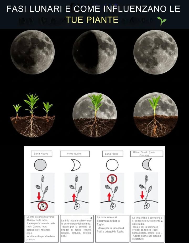 Fasi lunari e come influenzano le tue piante 
La coltivazione secondo la luna è una pratica antica che sfrutta linfluenza lunare sulla linfa, sullumidità del suolo e sullo sviluppo delle radici. Ecco come agisce ogni fase:

 Luna Nuova
 Linfa concentrata nelle radici.
 Semina di tuberi e radici carota, patata, barbabietola.
 Potatura di manutenzione.
 Trapianti con minore stress.

 Primo Quarto
 La linfa risale verso foglie e fiori.
 Semina di piante da foglia lattuga, spinacio, bietola.
 Concimazioni ricche di azoto.
 Innesti ed espianti con maggiore successo.

 Luna Piena
 Massimo flusso di linfa nella parte aerea.
 Raccolta di frutti e fiori più sapore e aroma.
 Irrigazione abbondante: il suolo trattiene meglio lumidità.
 Evitare la potatura: la perdita di linfa sarebbe maggiore.

 Ultimo Quarto
 La linfa scende e rafforza le radici.
 Semina di bulbi e tuberi aglio, cipolla, carota.
 Potature per stimolare la crescita di perenni e arbusti.
 Controllo di parassiti ed erbe infestanti più efficace.

 Segui il calendario lunare e sfrutta ogni fase per un orto forte ed equilibrato.

#FasiLunari #GiardinaggioLunare #PianteSane