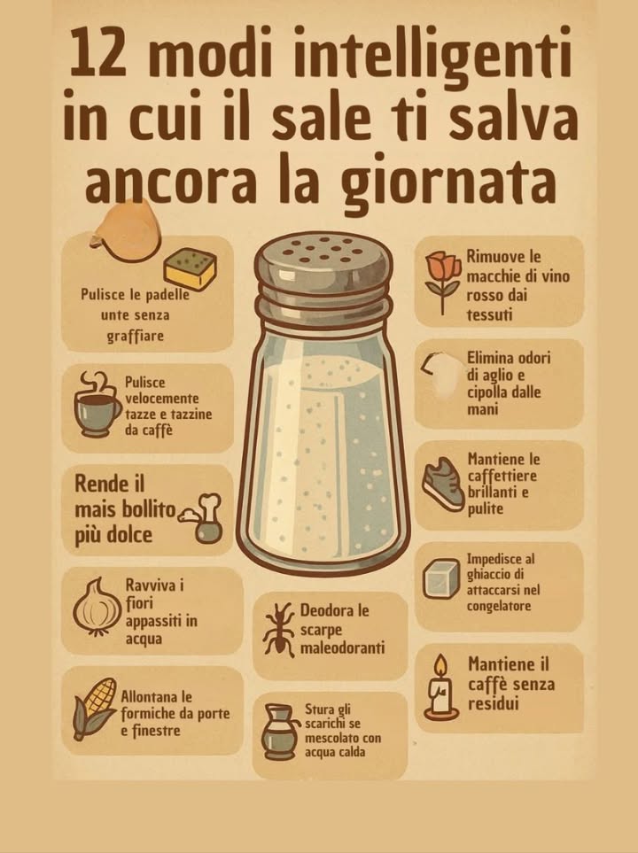 蓼 12 usi geniali del sale in casa 蓼

1 Pulisce le padelle unte senza graffiare 
2 Rimuove le macchie di vino rosso dai tessuti 
3 Pulisce velocemente tazze e tazzine da caffè 
4 Elimina odori di aglio e cipolla dalle mani 龍
5 Rende il mais bollito più dolce 
6 Mantiene le caffettiere brillanti e pulite 
7 Ravviva i fiori appassiti in acqua 
8 Impedisce al ghiaccio di attaccarsi nel congelatore 流
9 Allontana le formiche da porte e finestre 
 Deodora le scarpe maleodoranti 
11 Stura gli scarichi se mescolato con acqua calda 
12 Mantiene il caffè senza residui 

 Un alleato semplice, economico e naturale che non può mancare in casa!