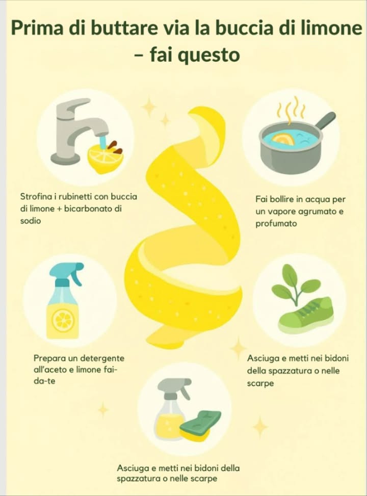 5 usi intelligenti della buccia di limone 
1 Lucidare i rubinetti  strofinali con buccia di limone  bicarbonato
2 Profumare la casa  fai bollire in acqua per un vapore agrumato
3 Detergente fai-da-te  aceto  limone per pulire e disinfettare
4 Elimina cattivi odori  asciuga e metti nei bidoni della spazzatura
5 Scarpe fresche  asciuga e inserisci nelle scarpe per assorbire umidità