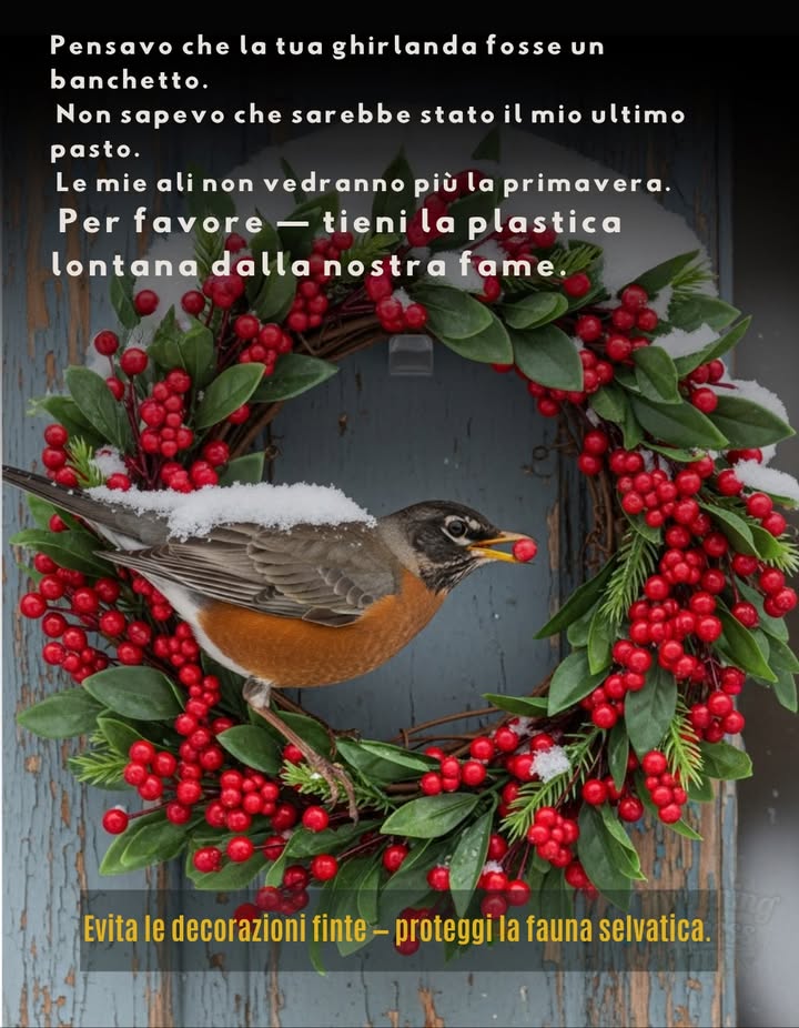 I pettirossi e altri uccelli che si nutrono di bacche spesso confondono le bacche artificiali con quelle vere. 
Ogni inverno i centri di recupero della fauna selvatica registrano casi di uccelli che muoiono di fame con pezzi di plastica incastrati nellesofago.
Scegliete invece mirtilli rossi veri, frutta secca o ghirlande di semi.
Piccole scelte che salvano la vita.