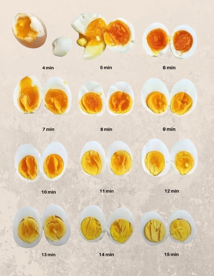 讀 Tempi di cottura perfetti per le uova 

 4 min  Albume appena rappreso, tuorlo liquido e brillante
 5 min  Albume sodo, tuorlo molto cremoso
 6 min  Tuorlo denso ma ancora fondente
 7 min  Consistenza cremosa intermedia
 8 min  Tuorlo tenero con cuore cremoso
 9 min  Tuorlo sodo con leggera cremosità
 10 min  Completamente cotto ma ancora morbido
 11 min  Sodo, senza tracce di liquido
 12 min  Tuorlo compatto e leggermente asciutto
 13 min  Tuorlo compatto, consistenza secca
 14 min  Tuorlo molto secco e friabile
 15 min  Tuorlo totalmente duro, consistenza granulosa

 Ogni minuto conta per ottenere la consistenza perfetta, dal più morbido al più sodo 讀