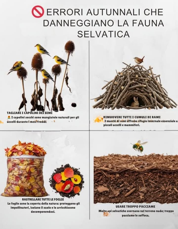 Errori autunnali da evitare per la fauna selvatica

Tagliare troppo presto le infiorescenze secche  sono cibo invernale per uccelli come cardellini e cince.

Eccesso di pacciamatura  le api selvatiche hanno bisogno di suolo nudo per svernare; troppa pacciamatura le soffoca.

Rimuovere i mucchi di rami  offrono rifugio essenziale a piccoli uccelli e mammiferi.

Rastrellare via tutte le foglie  isolano il terreno e proteggono gli impollinatori come farfalle e api.

 Manteniamo viva e prospera la fauna selvatica anche in questa stagione!