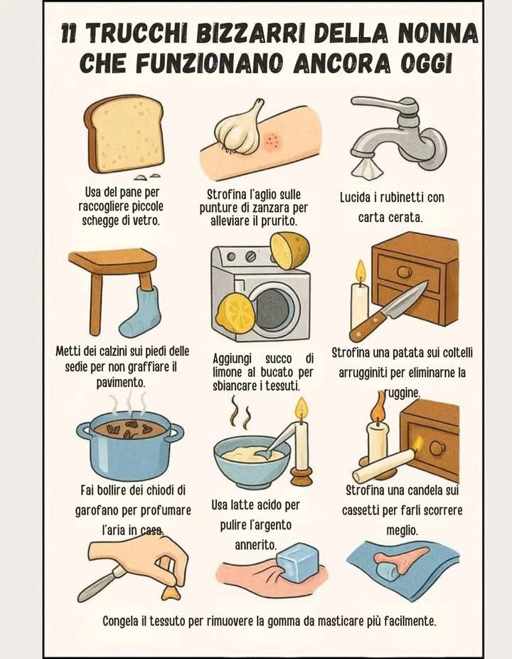 狀 11 trucchi bizzarri della nonna che funzionano ancora oggi 

 Usa del pane per raccogliere piccole schegge di vetro.
龍 Strofina laglio sulle punture di zanzara per alleviare il prurito.
 Lucida i rubinetti con carta cerata.
罹 Metti dei calzini sui piedi delle sedie per non graffiare il pavimento.
 Aggiungi succo di limone al bucato per sbiancare i tessuti.
凜 Strofina una patata sui coltelli arrugginiti per eliminarne la ruggine.
 Fai bollire chiodi di garofano per profumare laria in casa.
拏 Usa latte acido per pulire largento annerito.
 Strofina una candela sui cassetti per farli scorrere meglio.
流 Congela il tessuto per rimuovere la gomma da masticare più facilmente.

 Semplici, naturali e ingegnosi  i rimedi della nonna non passano mai di moda!