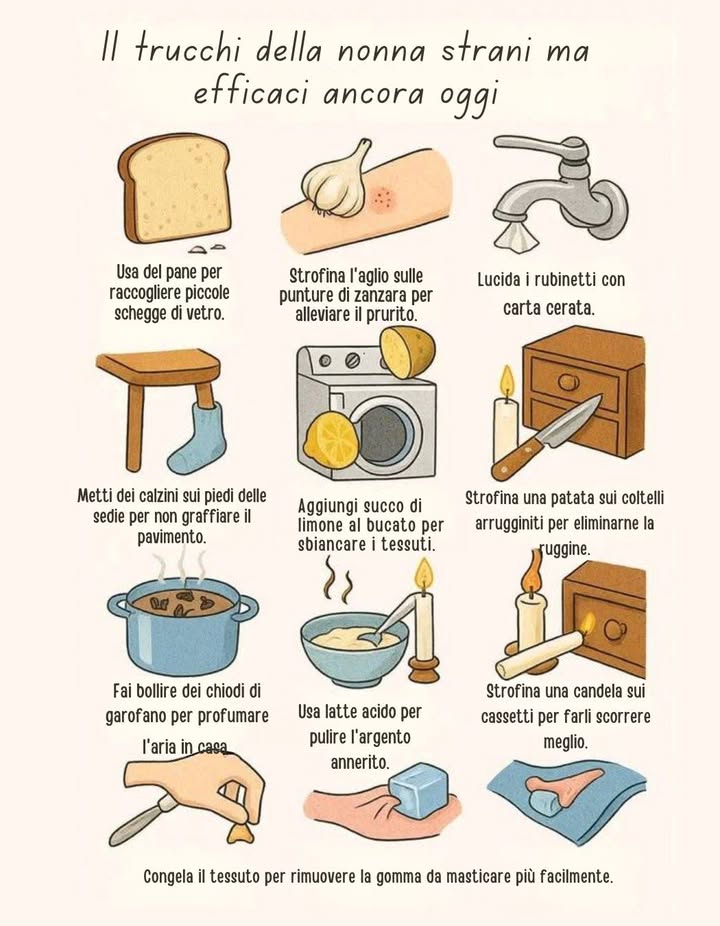 狀 11 trucchi bizzarri della nonna che funzionano ancora oggi 

 Usa del pane per raccogliere piccole schegge di vetro.
龍 Strofina laglio sulle punture di zanzara per alleviare il prurito.
 Lucida i rubinetti con carta cerata.
罹 Metti dei calzini sui piedi delle sedie per non graffiare il pavimento.
 Aggiungi succo di limone al bucato per sbiancare i tessuti.
凜 Strofina una patata sui coltelli arrugginiti per eliminarne la ruggine.
 Fai bollire chiodi di garofano per profumare laria in casa.
拏 Usa latte acido per pulire largento annerito.
 Strofina una candela sui cassetti per farli scorrere meglio.
流 Congela il tessuto per rimuovere la gomma da masticare più facilmente.

 Semplici, naturali e ingegnosi  i rimedi della nonna non passano mai di moda!